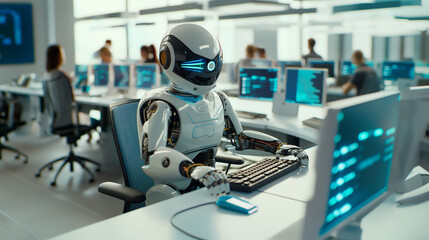 Fototapeta premium Robot working at computer among people. Maschine typing on keyboard in office