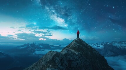 A captivating scene of adventurers conquering a mountain peak at dusk, pausing to admire the panoramic view and the celestial display unfolding above. 