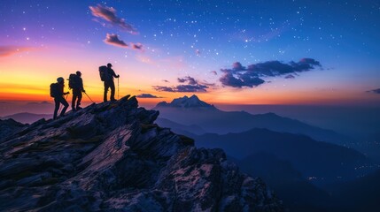 Fototapeta premium A captivating scene of adventurers conquering a mountain peak at dusk, pausing to admire the panoramic view and the celestial display unfolding above. 