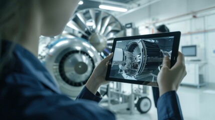 Fototapeta premium Engineer with tablet analyzing jet engine