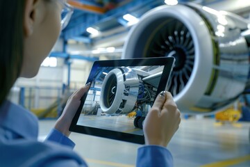 Close-up of engineer analyzing jet engine on tablet