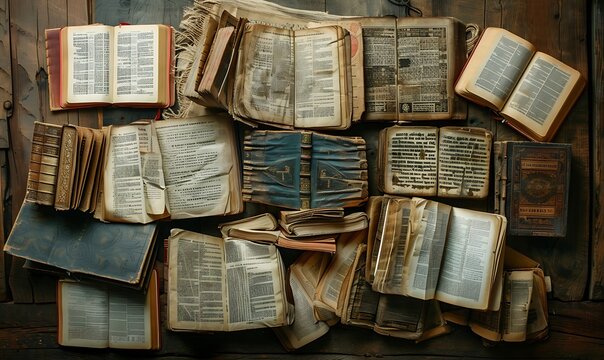 A collection of opened Bibles and Tanakhs, each with aged, illuminated script, displayed on rustic wooden surfaces