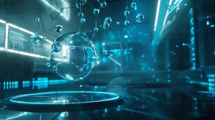 Fototapeta premium A futuristic, sci-fi themed digital rendering featuring glowing blue lights and floating spheres in a cybernetic environment.