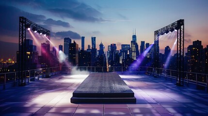 A rooftop stage is set up in front of a city skyline at dusk. The stage is lit with purple and...