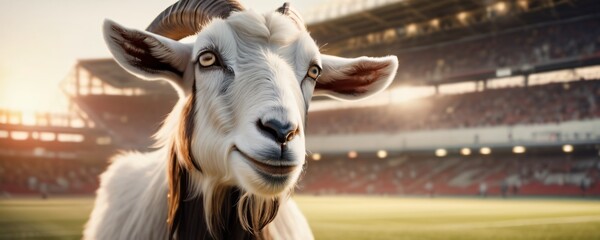 Closeup of a goat in soccer stadium. Extremely detailed and realistic high resolution illustration