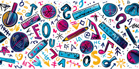 colorful vector doodle with school supplies, math numbers and signs