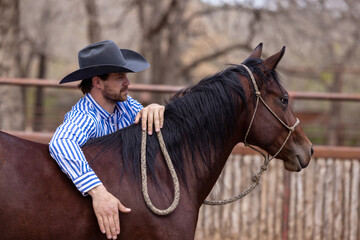 Cowboy horse trainer bay horse in round pen and using a rope and saddle