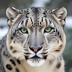 Obraz premium A close-up portrait of a snow leopard with striking green eyes and a powerful, majestic expression