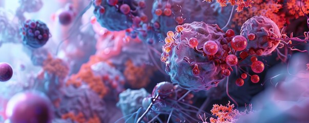 An educational poster in a medical laboratory showing the progression of intestinal cancer at the cellular level, using vaporwave aesthetics to highlight important features