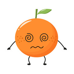 Cute dizzy orange fruit cartoon. mascot in flat style. Funny drunk fruit character  