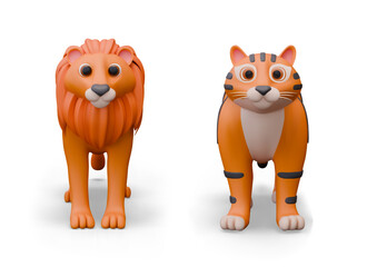 Realistic lion and tiger, front view. Vector animal predators on white background