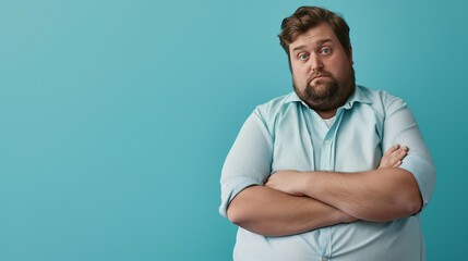 Fototapeta premium Overweight man in tight shirt on pastel blue background. World Obesity Day