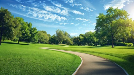 Naklejka premium A photorealistic image of a curving pathway in a park, vibrant green grass on either side, rows of lush trees, clear blue sky with scattered clouds above. 