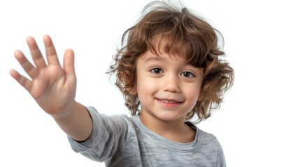 A playful kid with a hand reaching out, inviting others to join in the fun. isolated white background