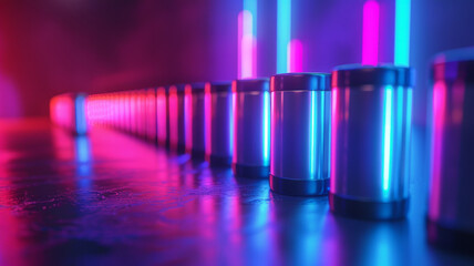 Rows of glowing neon cylinders in a sci-fi setting.