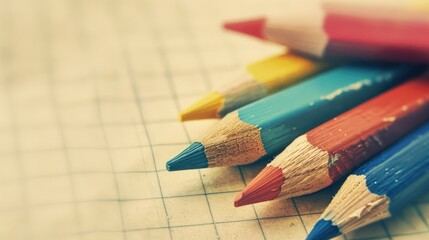 Fototapeta premium Vintage style Back to School Image with Colorful Pencils on White Paper