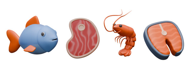 Icons for fish and meat menu, shop. 3D fish, meat steak, shrimp, salmon steak