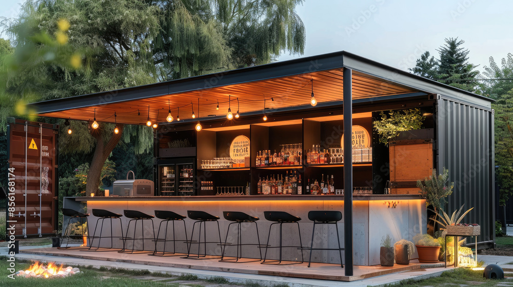 Poster a modern, stylish outdoor bar constructed from a modified shipping container. the bar features a sle