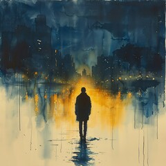 Obraz premium Silhouette of a person in a dark cityscape with a glowing light in the background, creating a dramatic and mysterious atmosphere.