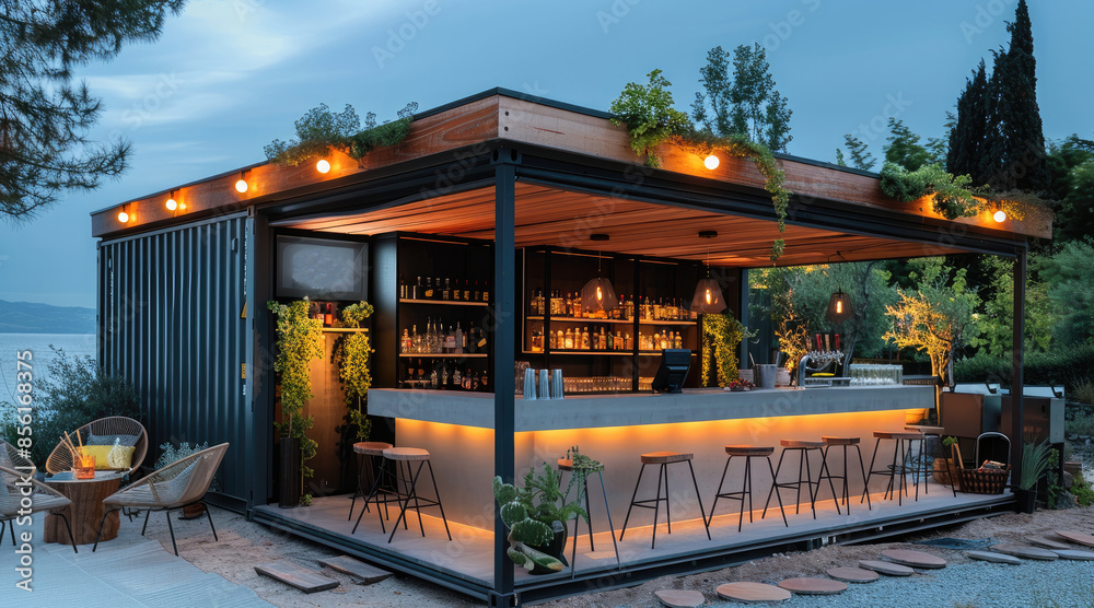 Aufkleber a modern, stylish outdoor bar constructed from a modified shipping container. the bar features a sle