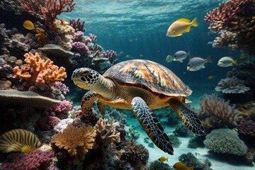 Fototapeta premium marine turtle under the sea in a coral reef
