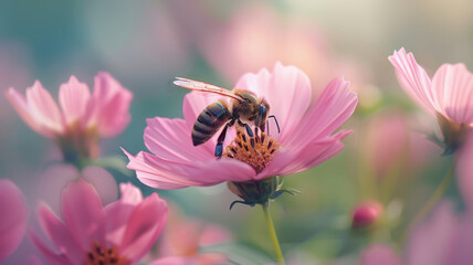 A bee on a pink flower with blurred background.