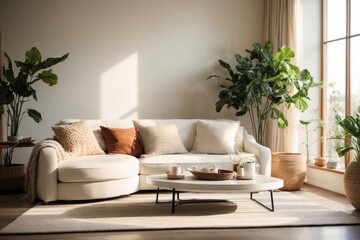 living room interior with white sofa and coffee table