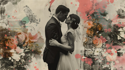 Newlyweds with roses collage art