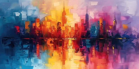 Abstract cityscape with soft, blurred lines, light vibrant colors on a white background, and a misty atmosphere reflecting on water, oil painting, palette knife. Generative AI.