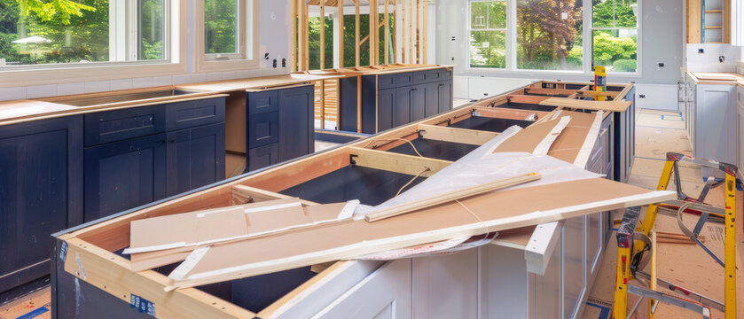 A large kitchen under intensive renovation, showcasing unfinished cabinets, scattered materials, and an abundance of natural light, promising a stunning revamp.