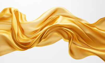 A golden silk cloth floating in the air, with smooth and flowing lines, creating a sense of luxury and elegance. The background is white, highlighting gold tones