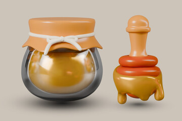 Cute glass jar with honey, stick with sweet viscous liquid. Golden nectar