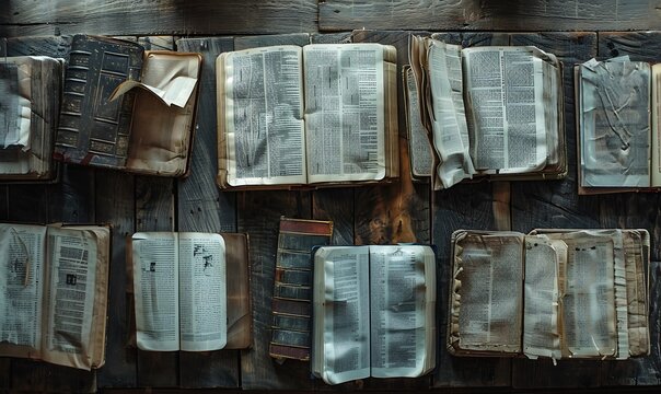 A collection of opened Bibles and Tanakhs, each with aged, illuminated script, displayed on rustic wooden surfaces