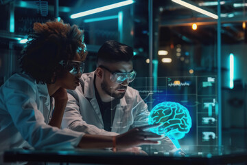 Fototapeta premium Medical experts analyzing 3D brain hologram