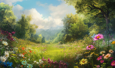 Fototapeta premium A vibrant meadow filled with wildflowers in full bloom, creating an enchanting and serene natural backdrop.