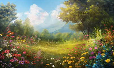 A vibrant meadow filled with wildflowers in full bloom, creating an enchanting and serene natural backdrop.