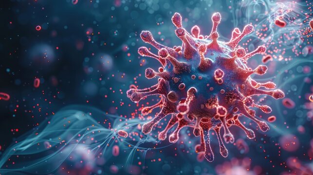 A close-up of a red virus particle with a halo effect, surrounded by a blue background with red and blue dots, creating a sense of motion and isolation. Generative AI.