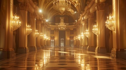 Obraz premium A grand hallway in a palace with ornate gold details and crystal chandeliers. The floor is polished marble reflecting the light from the chandeliers.