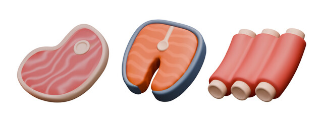 Set of icons of ingredients for meat and fish dishes. Realistic pork steak, ribs, redfish steak