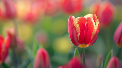 Fototapeta premium Red and yellow tulip in bloom with a blurred garden background.