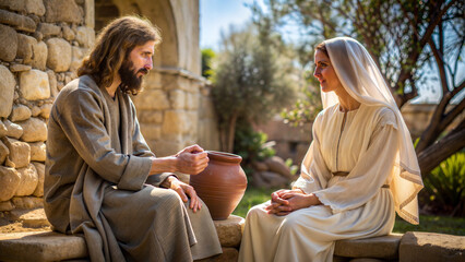 Jesus Christ the Messiah talking with the Samaritan woman giving hope for eternal life