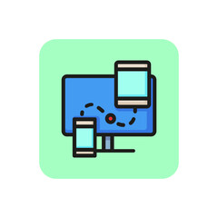 Computer monitor, digital tablet, smartphone connection line icon. Responsive web design, device synchronization, backup. Sync concept. Can be used for topics like technology, internet, connection