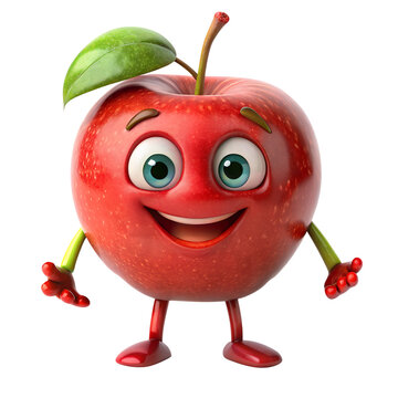 3D red apple funny cartoon character with eyes on transparent background