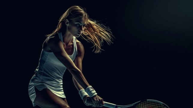 Professional female tennis player is swinging her racket, about to serve the ball during a match