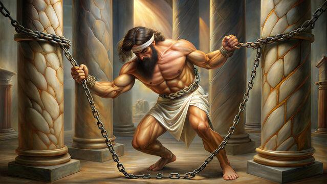 Samson the biblical hero with superhuman strength who freed Gods people from the Philistines Illustration