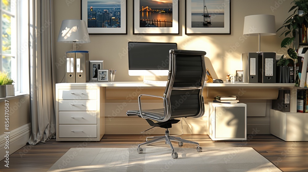 Fototapete an office desk with a chair and computer setup. generative ai.