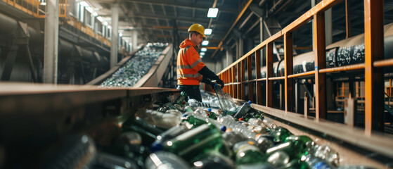 Naklejka premium A worker in a reflective vest and helmet sorts through recyclable materials on a conveyor belt inside a large recycling plant.