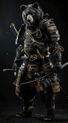 A samurai bear dressed in traditional armor, armed with a sword and bow and arrow, ready to protect his land and people.