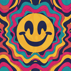 A colorful and psychedelic set of illustrations featuring vibrant, abstract smiley faces. Each artwork showcases a unique blend of swirling patterns and bold colors, perfect for retro, pop art, and ps