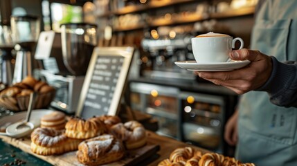 A barista’s hands serving a cup of coffee across a counter, with pastries and a menu board in the background, their face out of frame